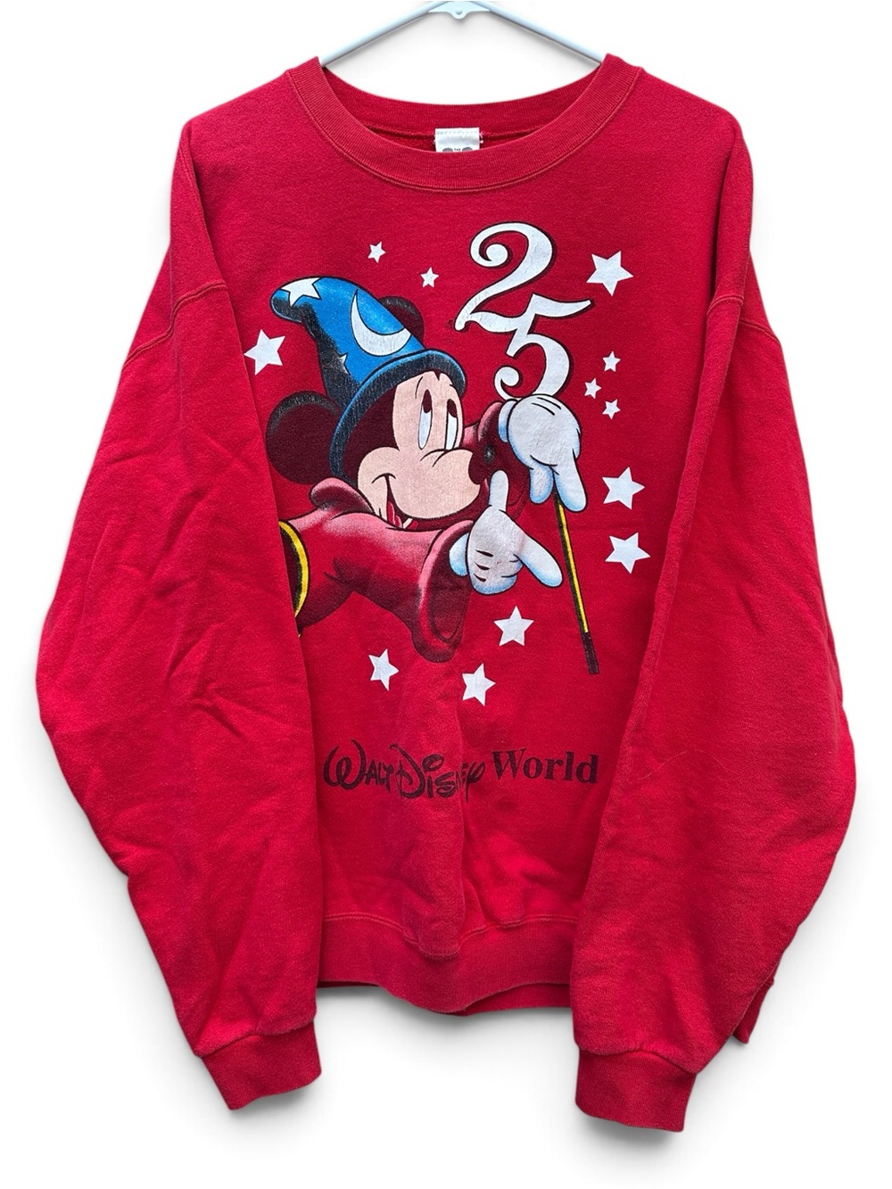 Vintage Disney Red Crewneck Sweatshirt with Mickey Sorcerer Graphic